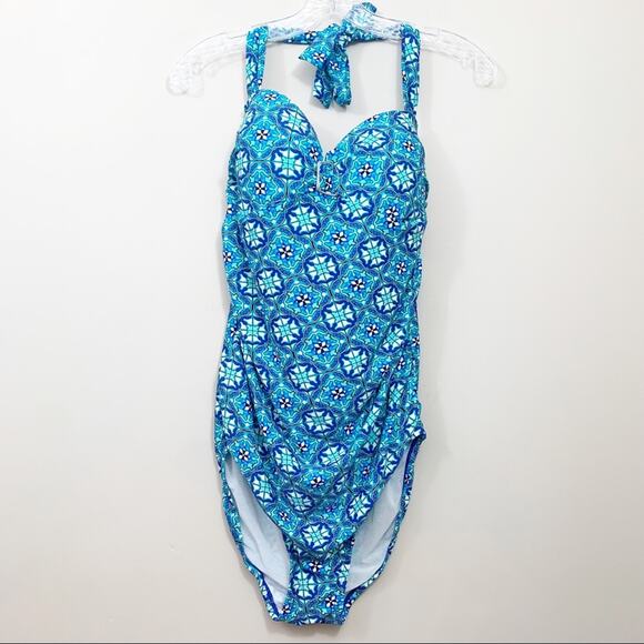 Assets by Sara Blakely Spanx Floral Halter Blue/White One Piece Bathing Suit - Picture 5 of 6